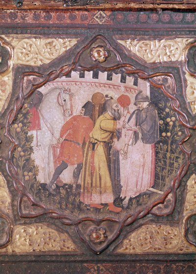(detail) van een cassone die het verhaal van Saladin en Torello van Istrië toont, door Giovanni Boccaccio door Italian School