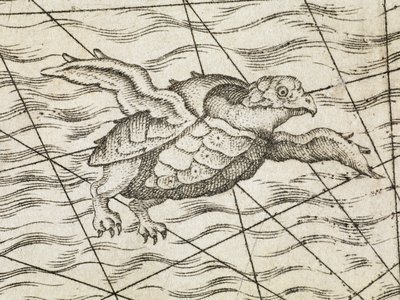 Detail van een vliegende schildpad op een kaart van Noord-Europa, uit 