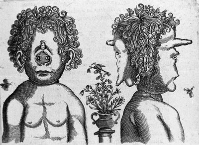 Verschillende soorten menselijke monsters: gezicht en gezicht van monsterhoofd. Gravure uit 