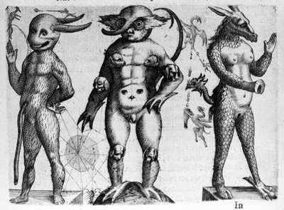 Verschillende soorten menselijke monsters met half menselijke, half dierlijke lichamen. Gravure uit 