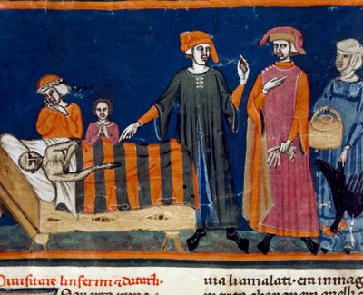 Dokken aan het bed van een zieke. Miniatuur van de Florentijnse school uit een verlengde editie van het Pater noster door Ser Zucchero Bencivenni (MS.II.VI 16) begin 14e eeuw door Italian School
