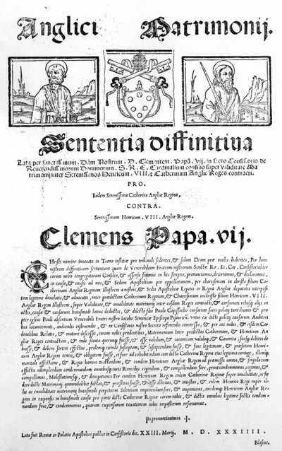 Document dat het Oordeel van de Paus Verklaart over de Geldigheid van het Huwelijk van Hendrik VIII en Catharina van Aragon, 1534 door Italian School