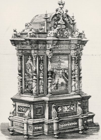 Ebbenhouten kabinet met inlegwerk door meubelmaker Alessandro Monteneri van Perugia (actief 19e-20e eeuw), illustratie uit Italiaanse tentoonstelling in 1881 in Milaan, Italië door Italian School