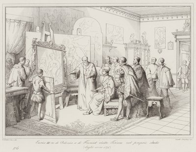 Hendrik III, koning van Polen en Frankrijk, bezoekt Titiaan in zijn atelier door Italian School