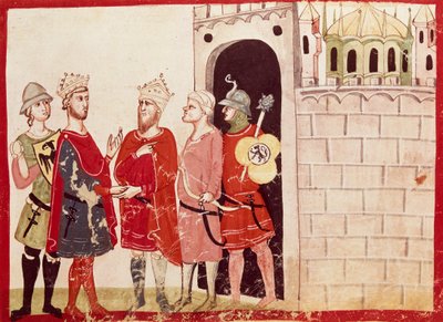 Federico II bereikt een akkoord met de sultan van Jeruzalem, miniatuur uit de Kronieken van Giovanni Villani, manuscript, Italië 14e eeuw door Italian School