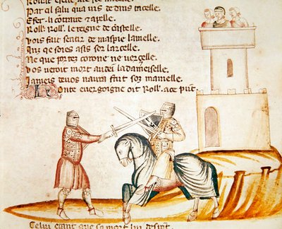 Gevecht tussen een bereden soldaat en een soldaat te voet, uit Codex Entree d