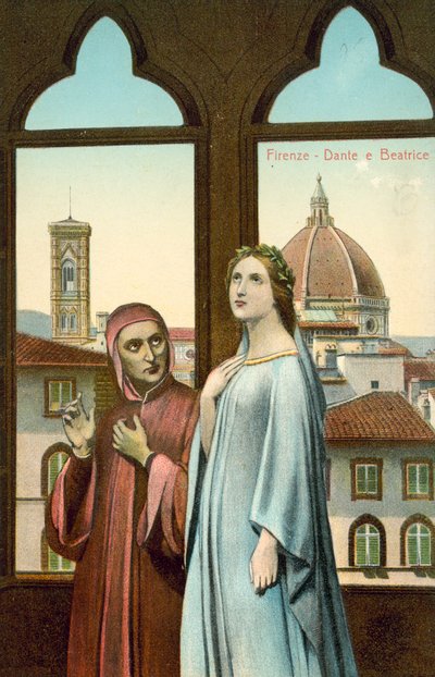 Florence, Dante en Beatrice (kleurenlitho) door Italian School