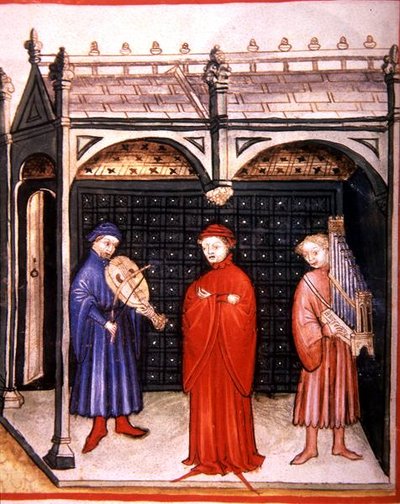 Fol.103v Een Zanger Begeleid door Orgel en een Snaarinstrument, illustratie uit 