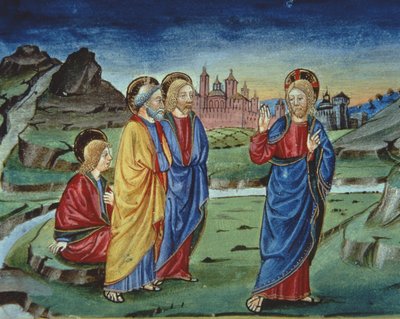 Na de Transfiguratie vertelt Christus de apostelen dit niet te onthullen tot na de Opstanding (detail) door Italian School
