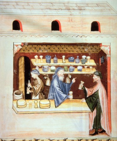 Voorbereiding en verkoop van tijm, illustratie uit Tacuinum Sanitatis Codex Vindobonensis door Italian School