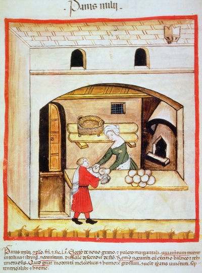 Voorbereiding van gierstbrood, illustratie uit Tacuinum Sanitatis Codex Vindobonensis door Italian School