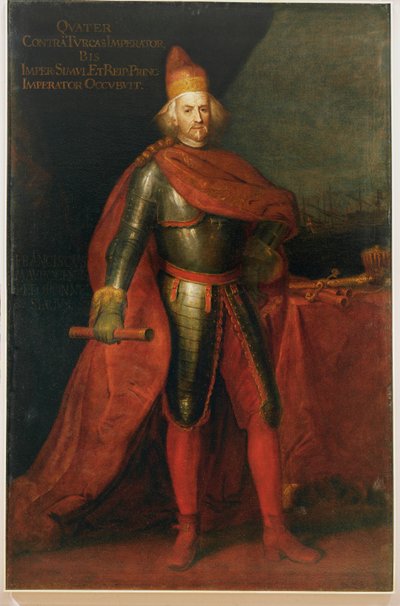 Francesco Morosini, Doge van Venetië, onderscheidde zich in de oorlogen tegen de Turken ... (schilderij op doek) door Italian School