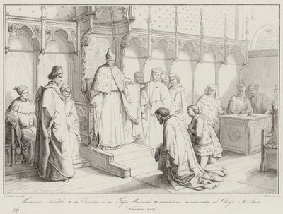 Francesco Novello II da Carrara en zijn zoon Francesco III vragen genade aan Doge Michele Steno door Italian School