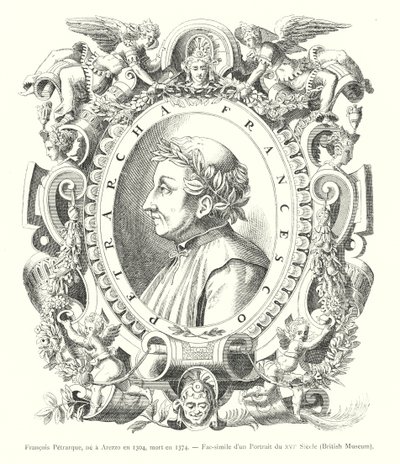 Francesco Petrarca, geboren in Arezzo in 1304, overleden in 1374, Fac-simile van een portret uit de 16e eeuw, British Museum (gravure) door Italian School