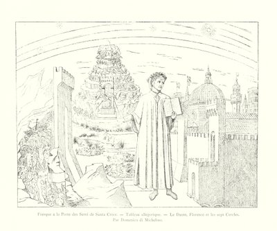 Fresco bij de Porta dei Servi van Santa Croce, Allegorisch schilderij, Dante, Florence en de zeven cirkels, door Domenico di Michelino (gravure) door Italian School