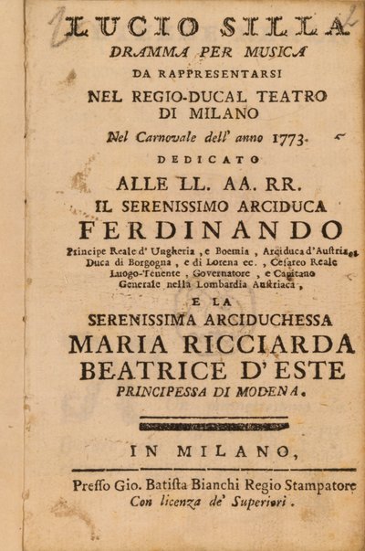 Frontispice van Mozarts Lucio Silla, uitgevoerd in Milaan in 1773 door Italian School