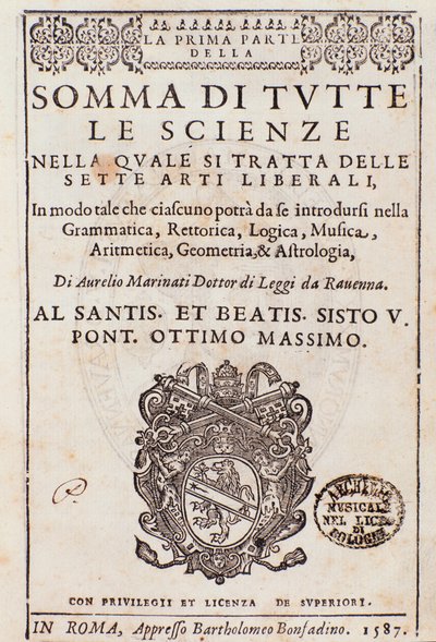 Frontispice genomen uit Somma di tutte le scienze, essay over de vrije kunsten, door Aurelio Marinati door Italian School
