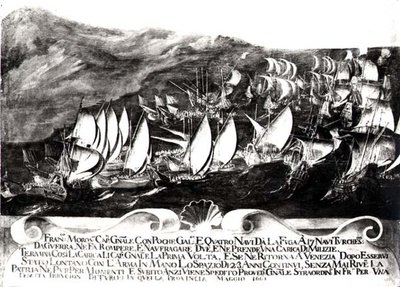 Generaal Francisco Morosini en de Venetiaanse vloot in een ontmoeting met de Turkse vloot voor de kust van Kreta, mei 1661 door Italian School