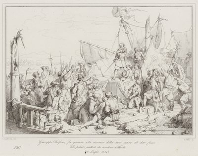 Giuseppe Dolfino laat zijn bemanning zweren het kruit in brand te steken liever dan (gravure) door Italian School