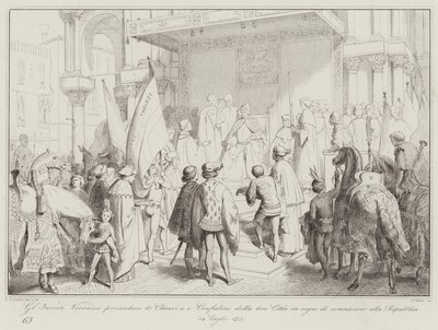 Veronese gezanten presenteren de sleutels en vaandels van hun stad als teken van onderwerping (gravure) door Italian School
