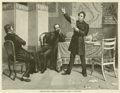 Guerrazzi leest het beleg van Florence aan Mazzini en Carlo Bini (gravure) door Italian School