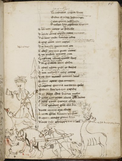 Harley 2453, f.55 Een jachtscène met een everzwijn, een hert, jagers, honden en een haas, uit 
