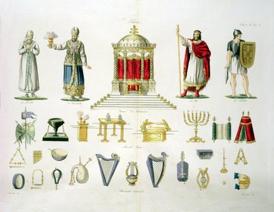 Hebreeuwse Levi, priester, koning en soldaat met heilige meubels en muziekinstrumenten, plaat 2, klasse 1 uit Deel I van De geschiedenis van de naties, gegraveerd door Marco Comirati (c.1800-69) door Italian School