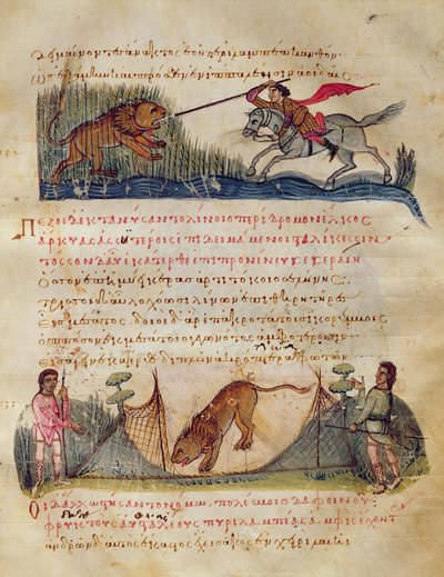 Jagen met speren en vallen, illustratie uit de Cynegetica door Oppian door Italian School