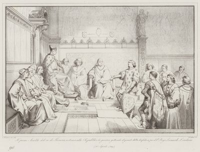De eerste heraut van de koning van Frankrijk, kondigt de oorlog aan de Republiek aan, door de handschoen te werpen... (gravure) door Italian School