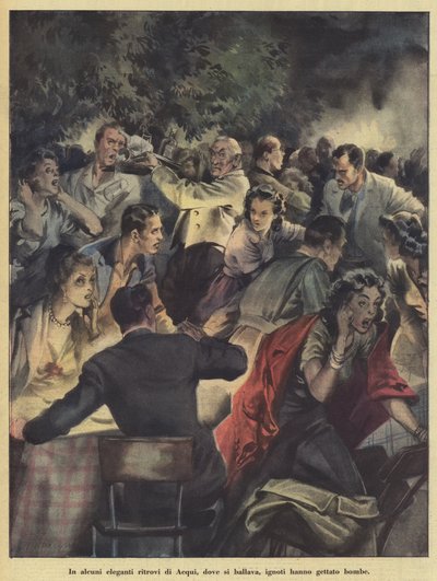 In enkele elegante ontmoetingsplaatsen in Acqui, waar mensen dansten, gooiden onbekenden bommen (kleurenlitho) door Italian School