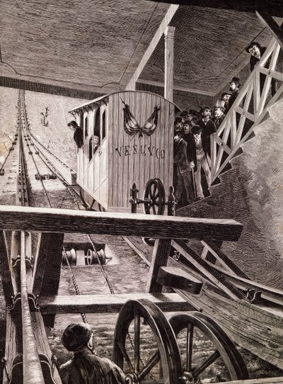 Inhuldiging van de kabelspoorweg op de Vesuvius, Napels door Italian School