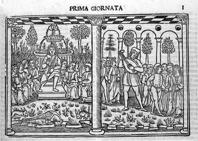 Inleiding: voorstelling van de auteur van Decameron omringd door tien jongeren. Illustratie van de eerste dag van de Decameron door Giovanni Boccaccio. Gravure in 