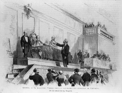 Italiaanse componist Giuseppe Verdi (1813-1901) benoemd tot senator in de Senaat in 1874, Rome. Gravure uit 1875. door Italian School