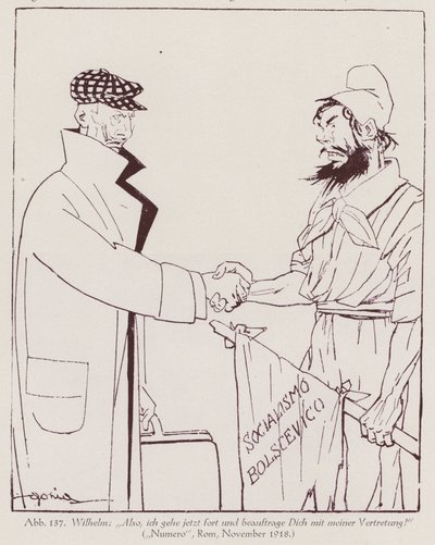 Kaiser Wilhelm II draagt de macht over aan het bolsjewistische socialisme (litho) door Italian School
