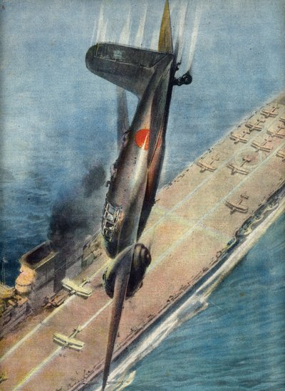 Kamikaze-vlieger Abe valt een Brits vliegdekschip aan, illustratie uit 