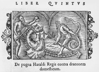 Koning Harald vecht tegen een draak, illustratie uit Historia de Gentibus Septentrionalibus door Olaus Magnus (1490-1558), gepubliceerd in Rome, 1555 door Italian School