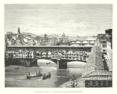 De Ponte Vecchio, gebouwd in 1345 door Taddeo Gaddi (gravure) door Italian School