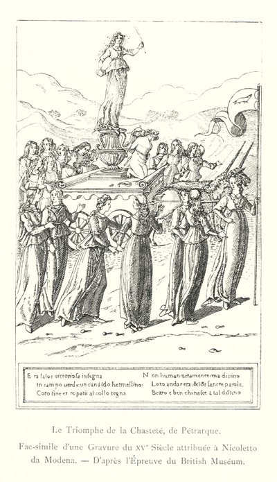 De triomf van de kuisheid, door Petrarca, facsimile van een 15e-eeuwse gravure toegeschreven aan Nicoletto da Modena, naar de proef van het British Museum (gravure) door Italian School