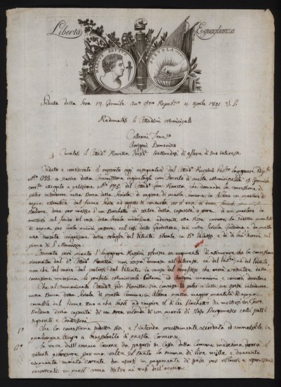 Brief in het Italiaans, met een afbeelding van het hoofd van Brutus de jongere, een brandende hand die Gaius Mucius Scaevola voorstelt, en het motto van de Franse Revolutie door Italian School