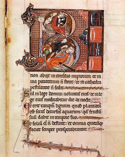 Lettrine B versierd met de voorstelling van koning David die pslaterion speelt en Goliath verslaat Pagina uit het manuscript 