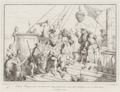 Lodovico Flangini, dodelijk gewond op zijn eigen schip, beveelt de strijd tegen de Turkse vloot door Italian School