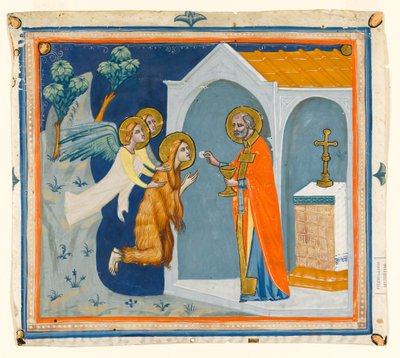 MS McClean folio 201.4 r St. Maria Magdalena, in de wildernis rond Aix, gedragen door engelen naar St. Maximin, die haar laatste communie toedient, ca. 1330 door Italian School