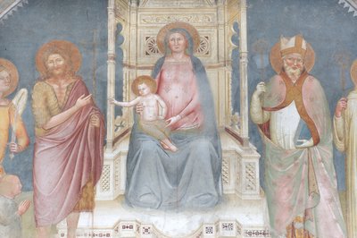 Madonna en Kind, Engel Gabriel, Sint Johannes de Doper, Sint Ambrosius, Sint Bernardus door Italian School