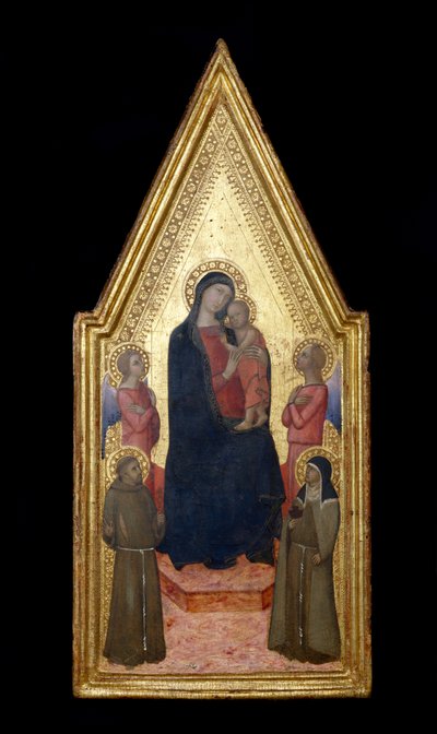 Madonna en Kind met St. Franciscus, St. Clara en twee engelen door Italian School