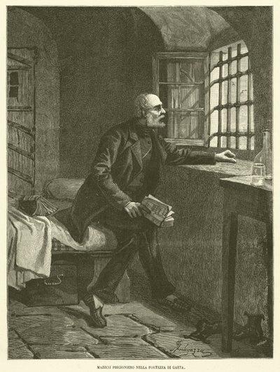Mazzini gevangene in het fort van Gaeta (gravure) door Italian School