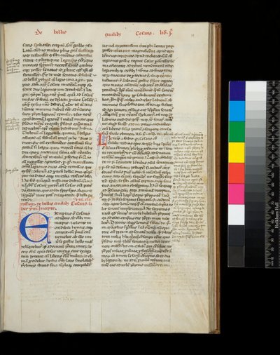Ms 342. Caesar, Opera, f.38r. Initiaal [E] in blauw met pen-versierde decoratie in rood door Italian School