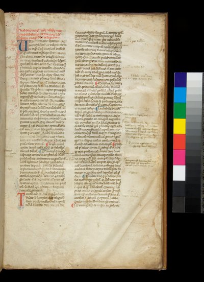 Ms 361. Valerius Maximus, Factorum et Dictorum Memorabilium Libri, f.2r. Voorbeeld van een afgeronde gotische semi-quadrata boekschrift, en gekleurde initialen met contrasterende penversieringen door Italian School