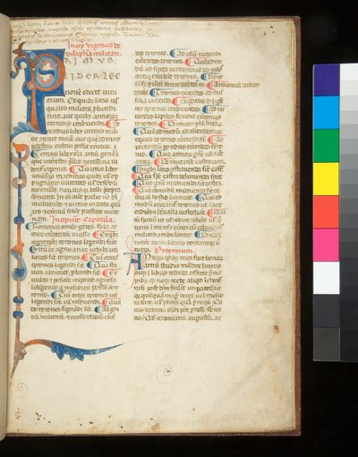Ms 398. Vegetius, Epitoma rei militaris, f.1r. Gedecoreerde initiaal [P] die zich uitstrekt tot een gedeeltelijke rand van staven en acanthus, Padua?, laat 13e eeuw (perkament) door Italian School
