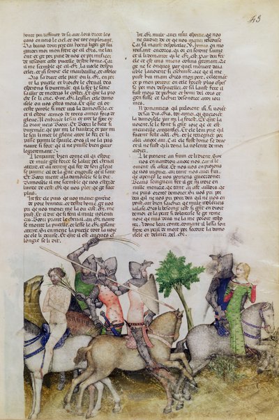 Een ridder van de Ronde Tafel, Sir Bors, moet kiezen tussen het redden van zijn broer Lionel of het redden van een jonkvrouw, uit de Queste del Saint Graal, c.1380-85 door Italian School