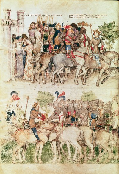 Arthur en zijn ridders vertrekken op de zoektocht naar de Heilige Graal, uit de Queste del Saint Graal, ca. 1380-85 door Italian School